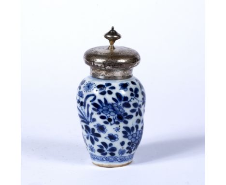 Blue and white jar Chinese, Kangxi period (1662-1722) decorated to the body with foliate splays, with later applied silver mo