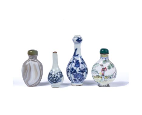 Two blue and white miniature vases Chinese, 18th Century both decorated with flowers, 8cm high, 5.5cm high together with two 