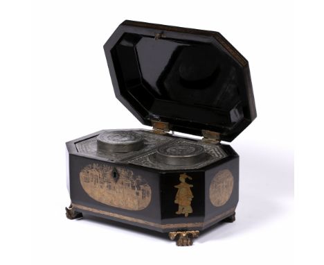 Export lacquer tea caddy Chinese decorated to the exterior in gold depicting  temples and figures, the inside fitted with pew