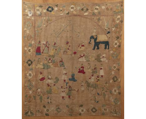 Silk embroidered panel Goa, Indian, 17th/18th Century the centre embroidered with figures sat under a tent, surrounded by att