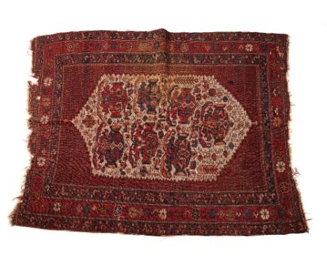 Afshar red ground rug with central ivory ground panel and geometric and foliate border, 154cm x 120cm