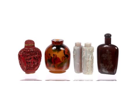 Four snuff bottles Chinese comprising a carved red lacquer example depicting a women on a pagoda, with six character mark to 