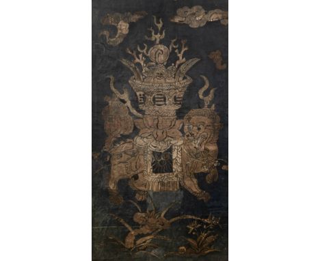 Framed panel Chinese, 19th Century painted with a ceremonial  temple dog amongst Buddhist symbols, 66cm x 35cm