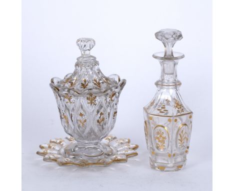 Turkish market glass Bohemian, 19th Century to include a vase, cover and stand ,gilt decorated on a fluted body and leaf shap