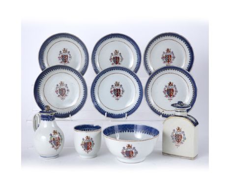 Group of Armorial export porcelain Chinese, circa 1800 including a tea caddy, cream jug, cup, slop bowl, and six tea bowls, (