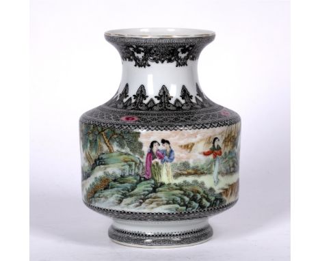 Famille rose baluster vase Chinese, Republic period (1912-1949) decorated to the body with figures in a mountainous landscape