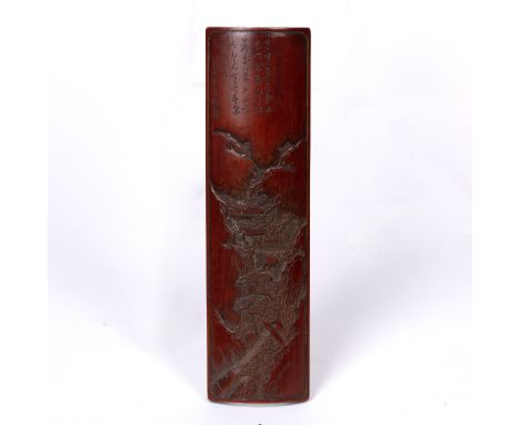 Bamboo brush rest Chinese, 19th Century carved with a mountainous gorge, temple, pine trees and farmer. And with carved poem 