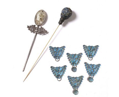 Group of Kingfisher jewellery Chinese comprising of six turquoise colour plaques with phoenix's to the centre, 4cm high, a ha