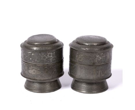 Pair of Paktong containers Chinese each of stepped cylindrical form, with engraved butterflies, birds and flowers, and with s