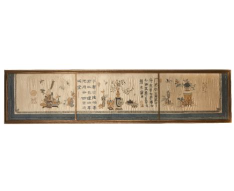 Large silk three part panel Chinese, circa 1900 embroidered with 'antiques' interspersed with inscriptions, 195cm x 41cm