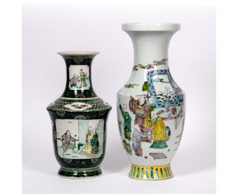 Famille verte vase Chinese, late 19th Century painted with a panel of two figures and a warrior, the reverse with scholar and