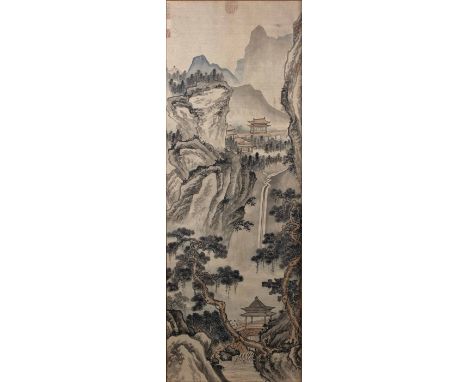Painted silk panel  Chinese, 20th Century  depicting a waterfall landscape, 86cm x 30cm 