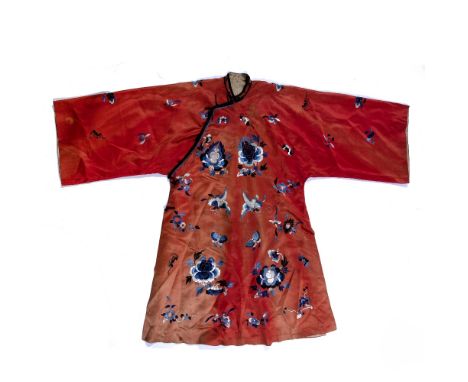 Orange silk embroidered coat Chinese, late 19th Century with butterfly and flower spray designs and a similar long embroidere