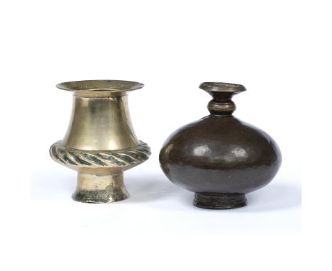 Two Mughal style lotas Indian, 19th Century the first with a bulbous body engraved with flowers, the second of elongated form