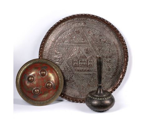 Bidriware flask Indian engraved with bands of flowers and leaves, 30.5cm high, together with a large engraved tray decorated 