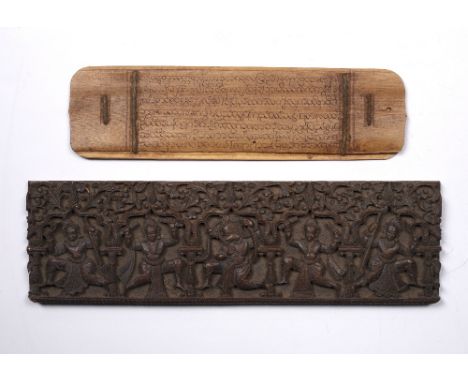 Carved hardwood panel Thai 25cm x 7.5cm and a Burmese astrological chart with Pali script verso, 20cm x 6cm
