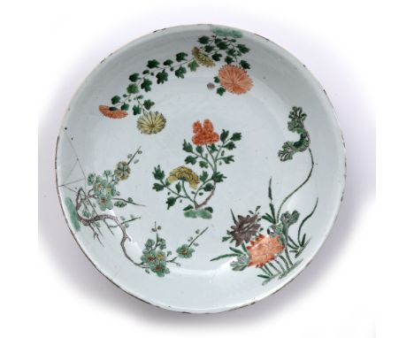 Famille verte charger Chinese, Kangxi (1662-1722) with enamel flower and blossom decoration, and Artemisia mark in blue, 34.5