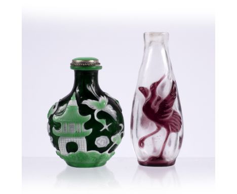 Green and white double overlay snuff bottle 19th Century, Chinese on green ground with stork and lingzhi fungus and jade stop