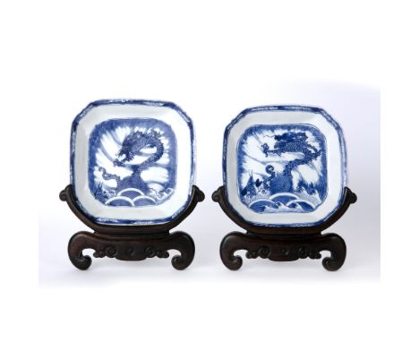 Pair of blue and white saucer dishes Chinese, Kangxi period (1662-1722) the central panel depicting a dragon above a rough se