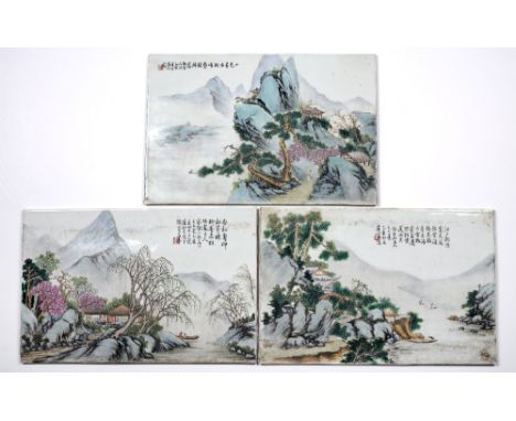 Three ceramic plaques Chinese, Republic period (1912-1949) depicting various mountainous landscapes, each signed with calligr