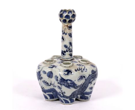 Blue and white tulip vase Chinese, 19th Century decorated to the body with two dragons chasing a pearl, with four character m