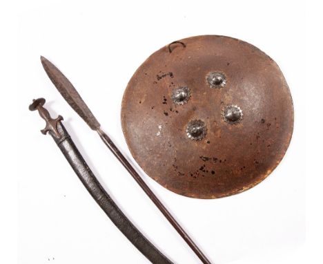 Persian military set Iran to include a tulwar with leather scabbard, 90cm across, a long handled spear, 182cm across and a le