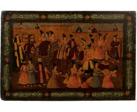 Painted Persian panel Iran, 19th/20th Century depicting a procession with figures on horseback and playing musical instrument