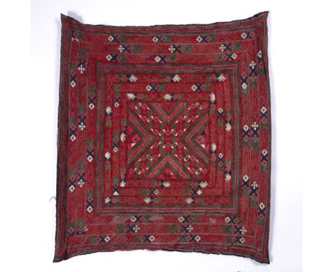 Silk panel Indian with geometric bands around a central panel with similar decoration, 75cm x 78cm