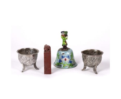 Group of small pieces Chinese to include an enamel bell, with a stylized handle modelled as a child, 9.5cm high, two white me