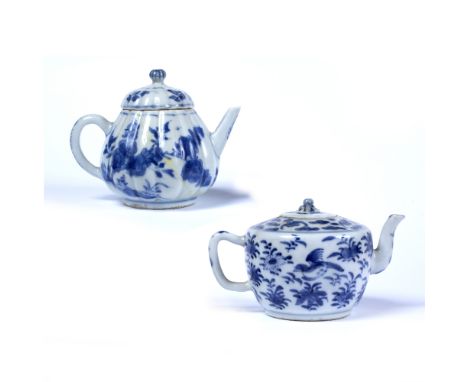 Two blue and white teapots Chinese, 17th Century the first of ribbed form decorated to the body with flowers 9.5cm high, the 