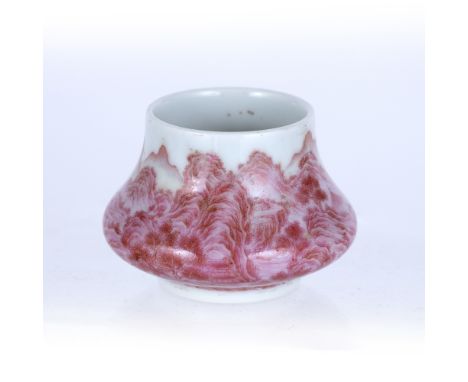Miniature brush pot Chinese, Republic period painted in monochrome pink with a mountain scene, and with inscription/poem and 