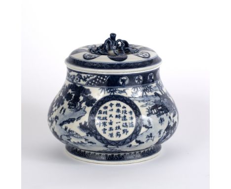 Blue and white pot and cover Japanese, Meiji Period (1868-1912) decorated to the body with a river landscape and figures set 