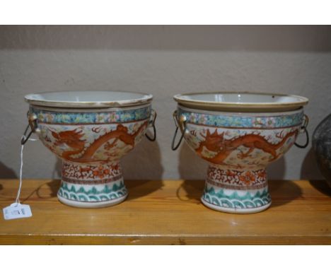 Pair of porcelain stem bowls Chinese with liners, one liner with six character Guangxu mark (1875-1908), each decorated with 