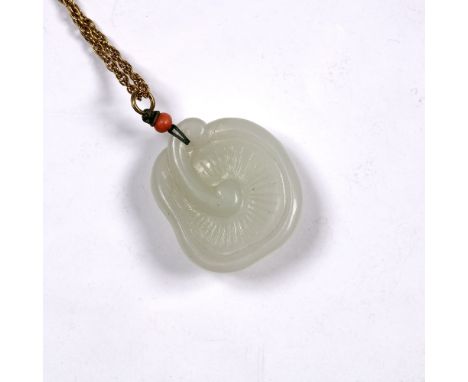 White jade pendant Chinese, 19th Century carved as a mushroom and mounted upon a rolled gold link chain