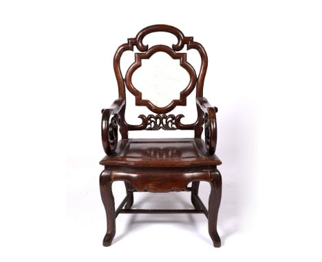 Hardwood and marble inset armchair Chinese with shaped back and scroll arms, 103cm high, 56cm across