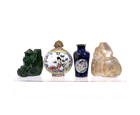 Four snuff bottles Chinese comprising a mother of pearl snuff bottle carved as a double gourd object with two birds, 6cm high