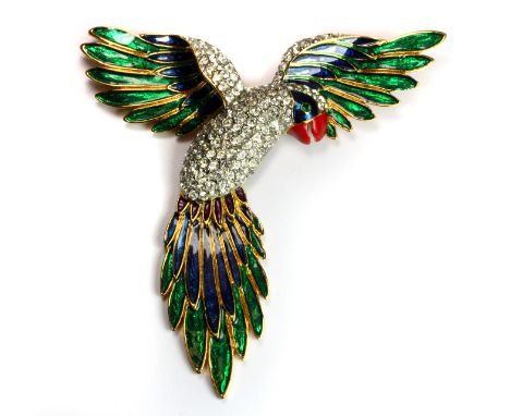 A large gilt metal enamel and stone set parrot brooch, L. 12cm, W. 12cm.