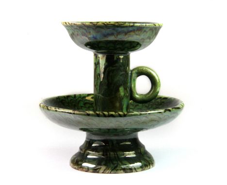 A small Chinese green glazed marbled clay chamberstick oil lamp, H. 8.5cm.
