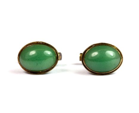 A pair of 925 silver gilt jade set cufflinks.