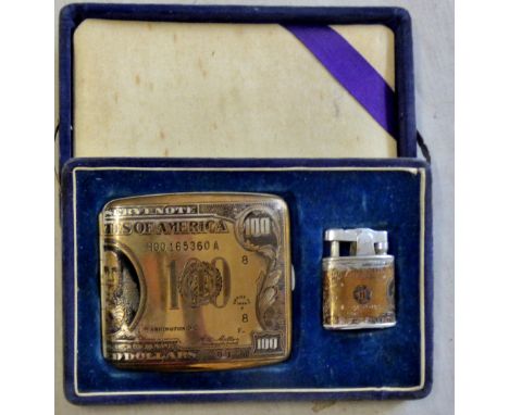 Boxed Cigarette Case and lighter with 100 dollar bill printed on both