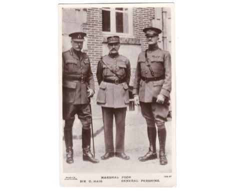 Heig-Foch-Pershing WWI-RP postcard by Beagles, portrait of the three military leaders.