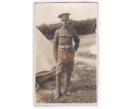 Royal Army Medical Corps WWI-RP postcard portrait with clear insignia, m/s pre Gomm on the back