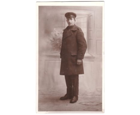 Royal Flying Corps WWI-RP postcard, full length portrait postcard-soldier in overcoat with clear insignia, m/s 'April 19', ph