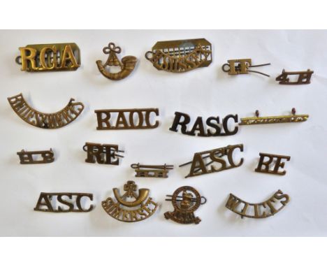 British WWI/II Shoulder Titles (18) including Royal Sussex, Royal Garrison Artillery, Somerset Light Infanty etc