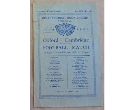 Rugby Football Union Ground Twickenham 1938 December 6th; Oxford V Cambridge programme; small tear top left 