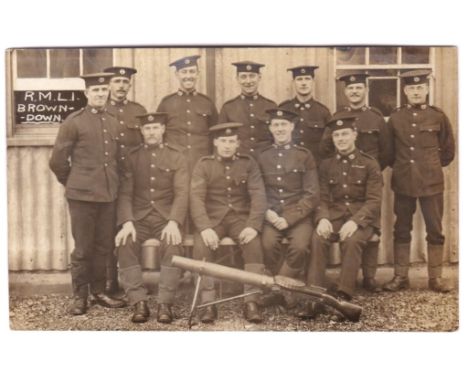Royal Marine Light Infantry, a very fine RP - Section photo with machine-gun. Sign on the hut reads E.M.L.I./Brown-Down. Supe