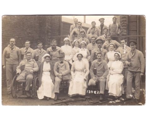 Royal Army Medical Corps WWI Hospital RP Group with Nurses and Wounded Patients, used Sheffield 1915