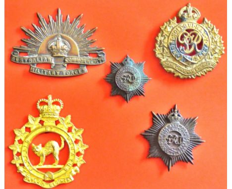 British Commonwealth Badges (5) Including: WWI The Australian Commonwealth Military Forces badge, The Ontario Regiment, WWII 