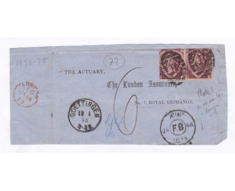 Great Britain 1870-1.1/2d rosered, plate 1, fine pair AA-AB on front, duplex'B', Gottingen and 'FB' date stamps, an attractiv