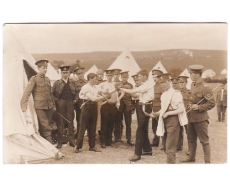 Royal Army Medical Corps WWI Fine RP card, Boxing at Camp including Timekeeper and referee, a quality card. Used Diss to Bran